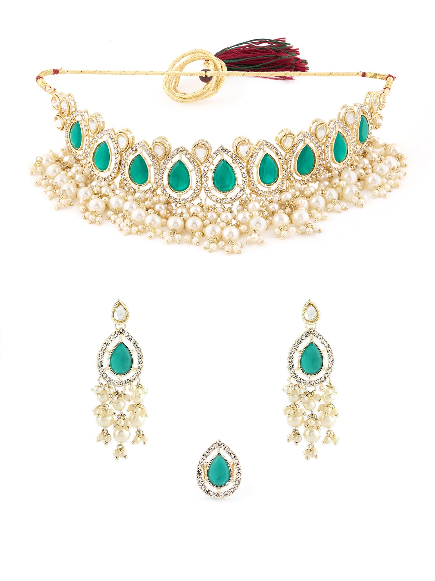 ZAVERI PEARLS Green Stones Cluster Beads Drop Choker Necklace Earring & Ring Set For Women-ZPFK16401 (B0CFR81466) Amazon Price History, Amazon Price Tracker