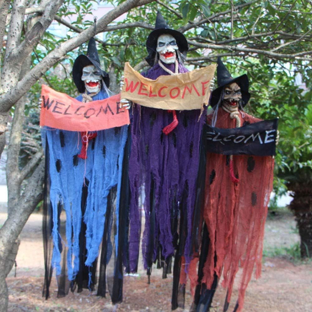 inshias Halloween Decorations Hanging Ghost Skeleton Light Up Eyes Scary Voice WELCOME Horror Decoration Electric Door Hanger Ghost Party Props Decoration Haunted House Halloween Props