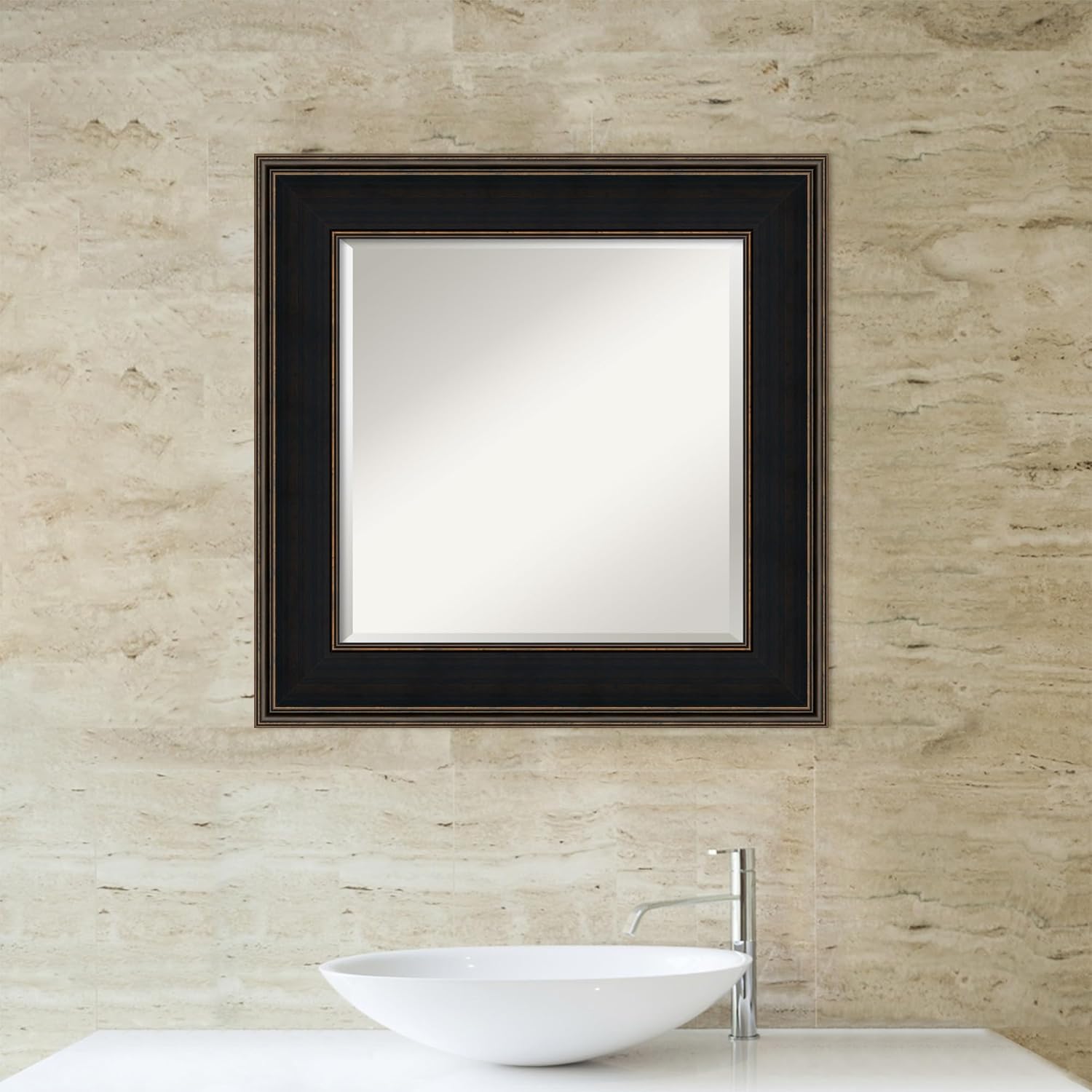 Amanti Art Brown Bathroom Mirror for Over Sink, 28x28 Mezzanine Espresso Square Vanity Mirror, Medium Casual Wood Frame, Hangs Horizonally and Vertically, Bathroom Wall Decor, Beveled Edge