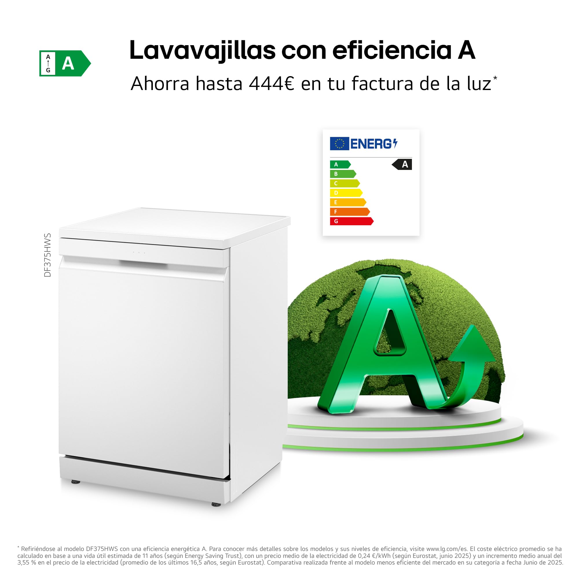 LG DF375HWS - Lavavajillas QuadWash Steam, Sistema EasyRack, Bandeja para Cubiertos, Wi-Fi ThinQ, TrueSteam, Apertura Automática, 14L, Eficiencia A, Blanco Marfil