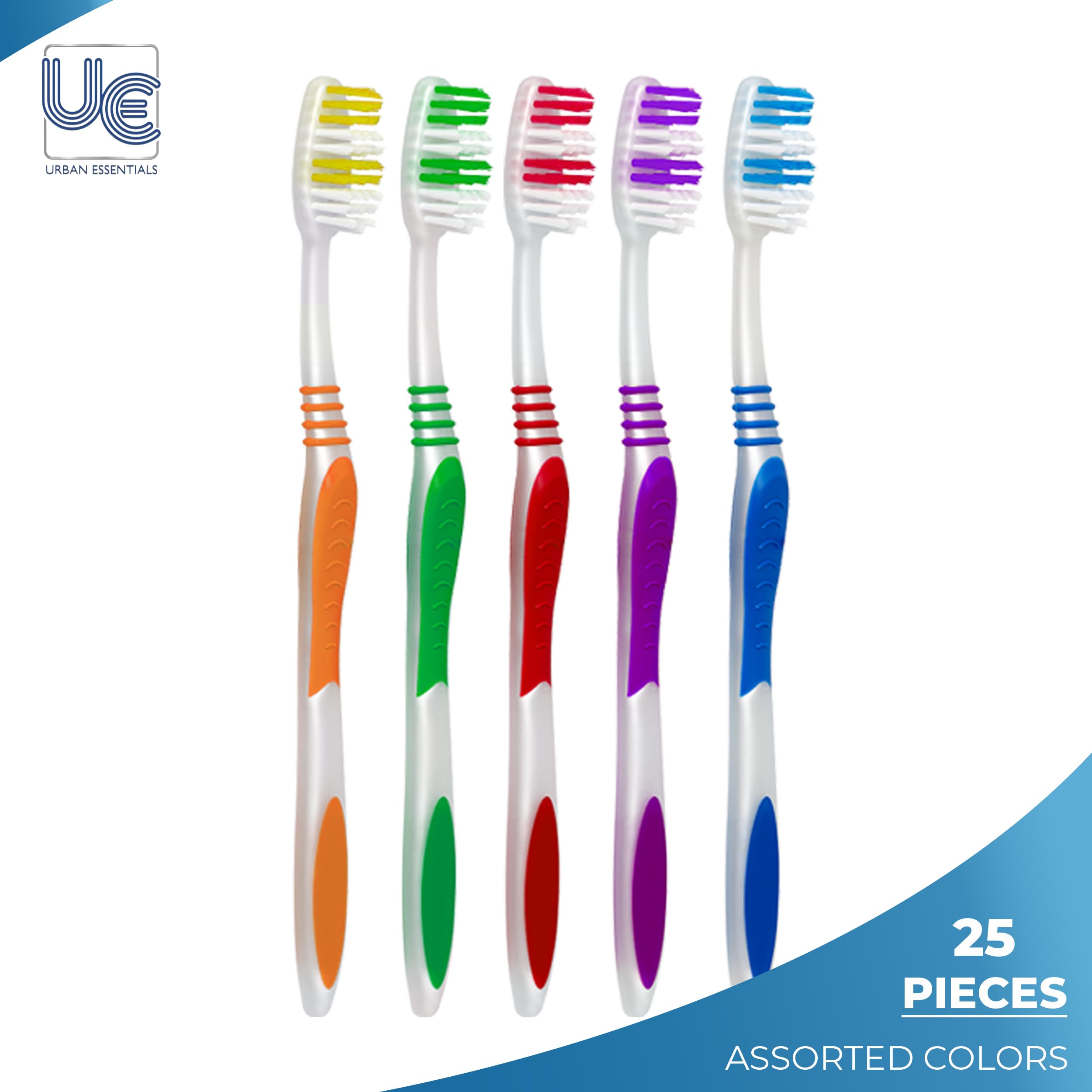 Urban Essentials Bulk Travel Toothbrush Kit - Includes Toothbrush + Cap, Toothpaste, Floss Picks, and Resealable Bag - TSA Approved Dental Care Set - Ideal for Donations Guest Bathroom Essentials (25)