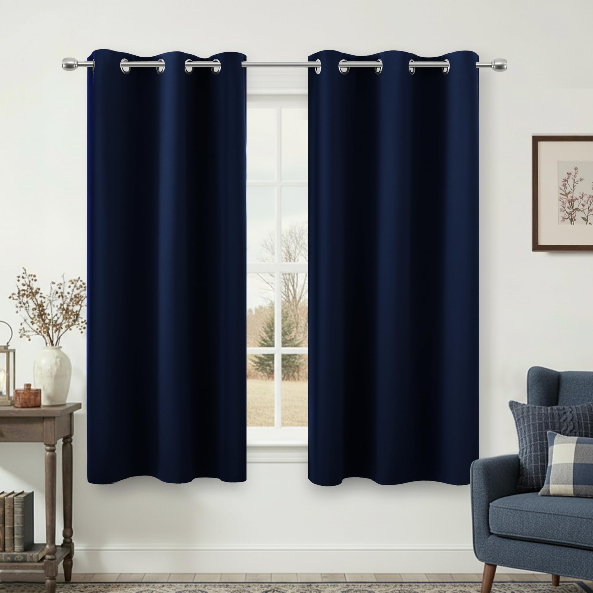 KOUFALL Navy Blue Curtains 50 Inch Length, Modern Minimalist Blackout Cafe Curtains for Bedroom Living Room, 2 Panels Set, 34" W x 50" L