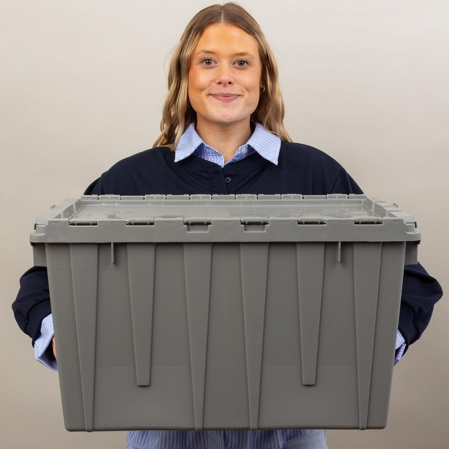Buckhorn Industrial Lidded Plastic Storage Container, Nesting and Stackable Plastic Storage Box with Lid Attached, Organization Tote for Garage and Warehouse, 12 Gallon Capacity, 21"x15"x12", Gray