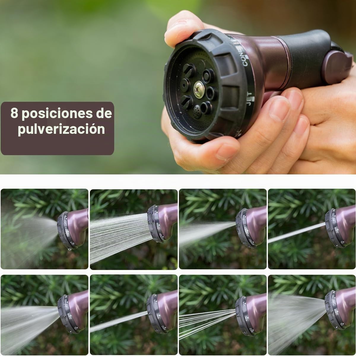 FANHAO Pistola Manguera Jardin 100% de Metal, Pistola Riego con 8 patrones de rociado,boquilla pulverizadora de alta presión con control con el pulgar y válvula de cierre para regar césped-Bronce