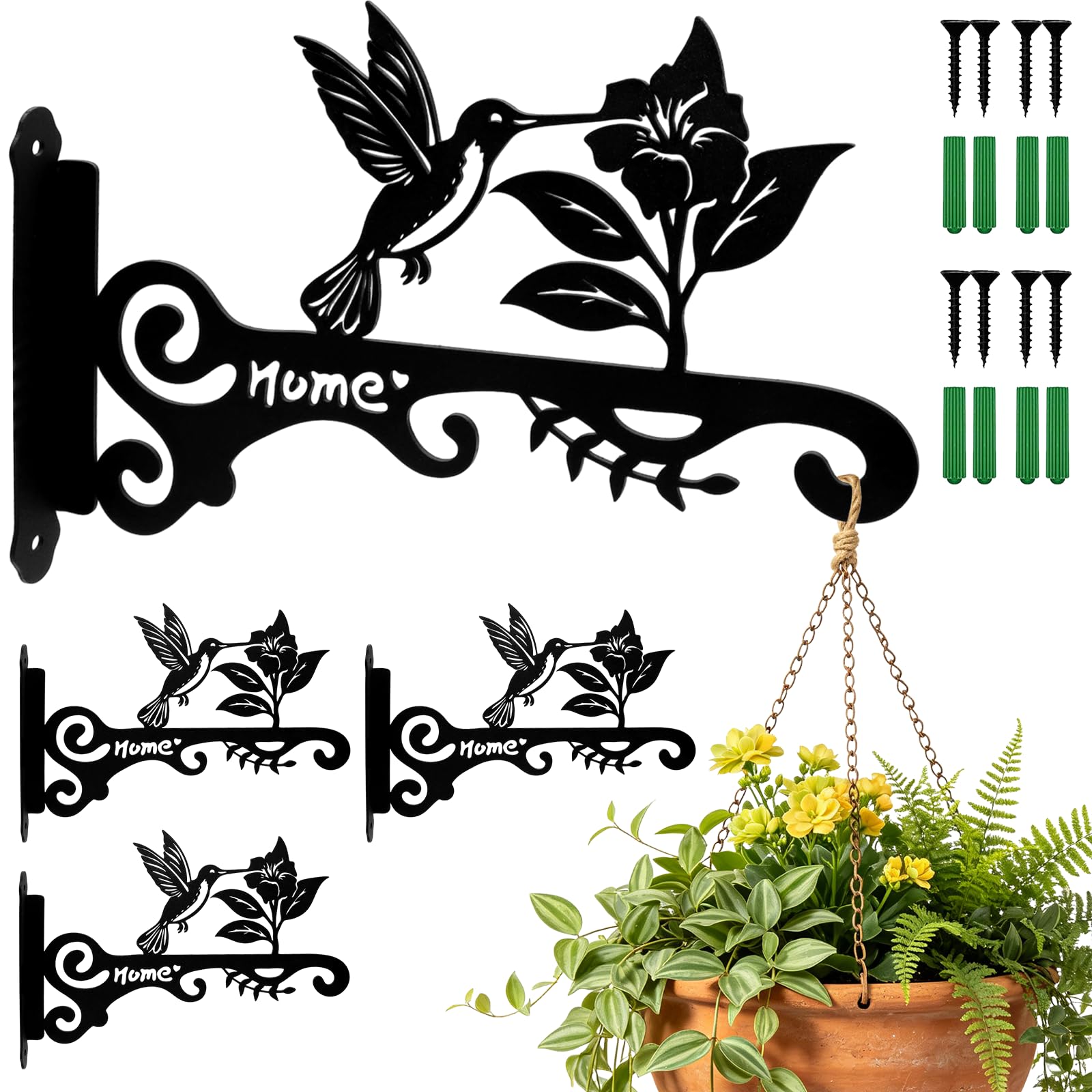 Eudomis 4 Packs Hanging Basket Brackets Outdoor Indoor,10 in Heavy Duty Plant Hooks with Screws,Wall Mounted Black Iron Plant Hanger Hanging Plants, Bird Feeder, Wind Chime, Lantern