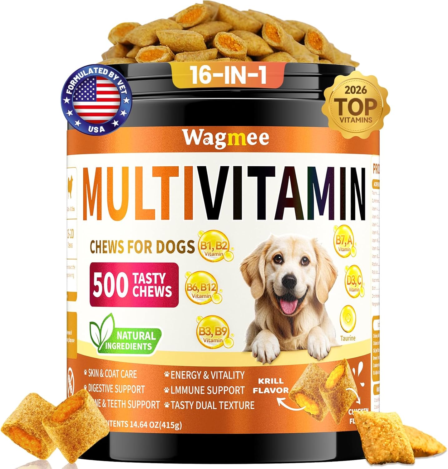 Dog Vitamins- 16-in-1 Dog Vitamins and Supplements, 500 Ct Multivitamin Supports Daily Energy, Heart Health, Skin & Coat, with Taurine, Omega-3, Puppy Multivitamin Chewable - for All Breeds & Ages