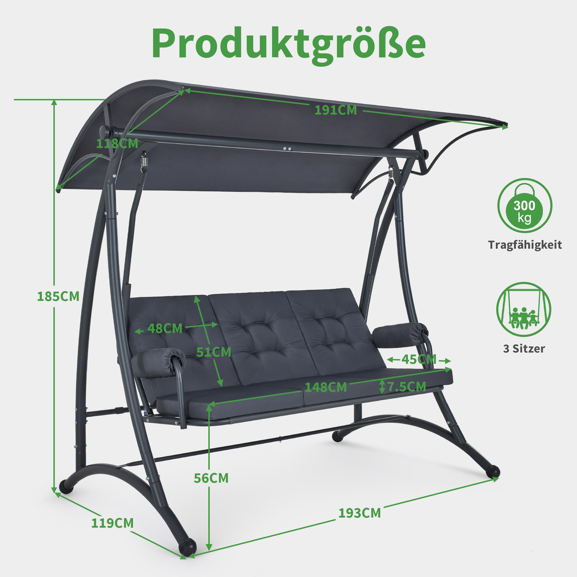 M MCombo 3-Sitzer Hollywoodschaukel mit Liegefunktion, Schaukelbank Outdoor Wetterfest, 3 Extradickem Sitzkissen & Silent-Haken, Gartenschaukel bis 300kg Belastbar, 4025 (grau)
