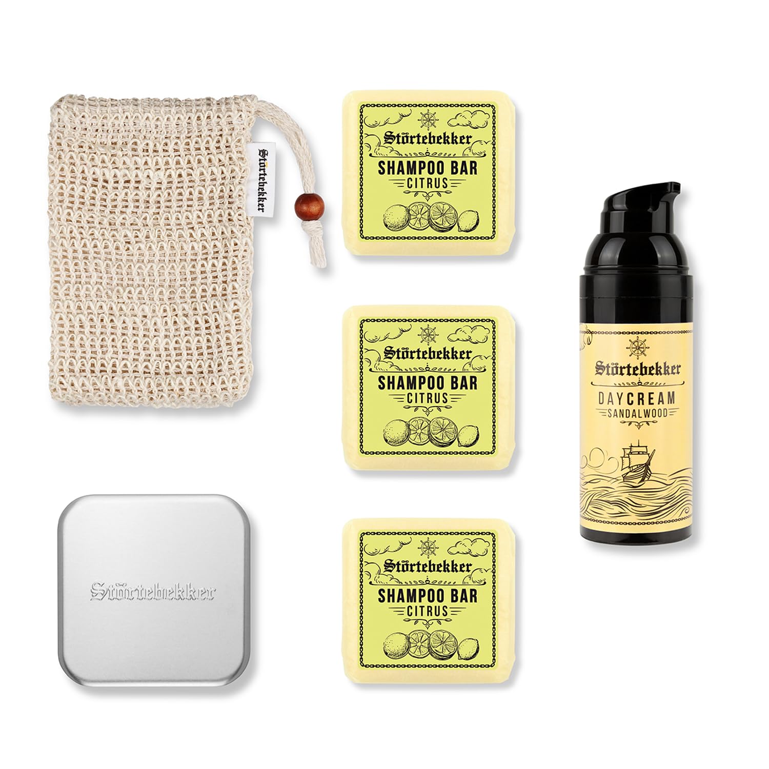 Störtebekker® Premium Dusch Routine Set - Festes Shampoo Citrus (x3), Sisalsäckchen, Seifendose + Tagescreme - Shampoo Bar Set für Haare, Kopfhaut & Bart - Handgefertigt in Seifenmanufaktur