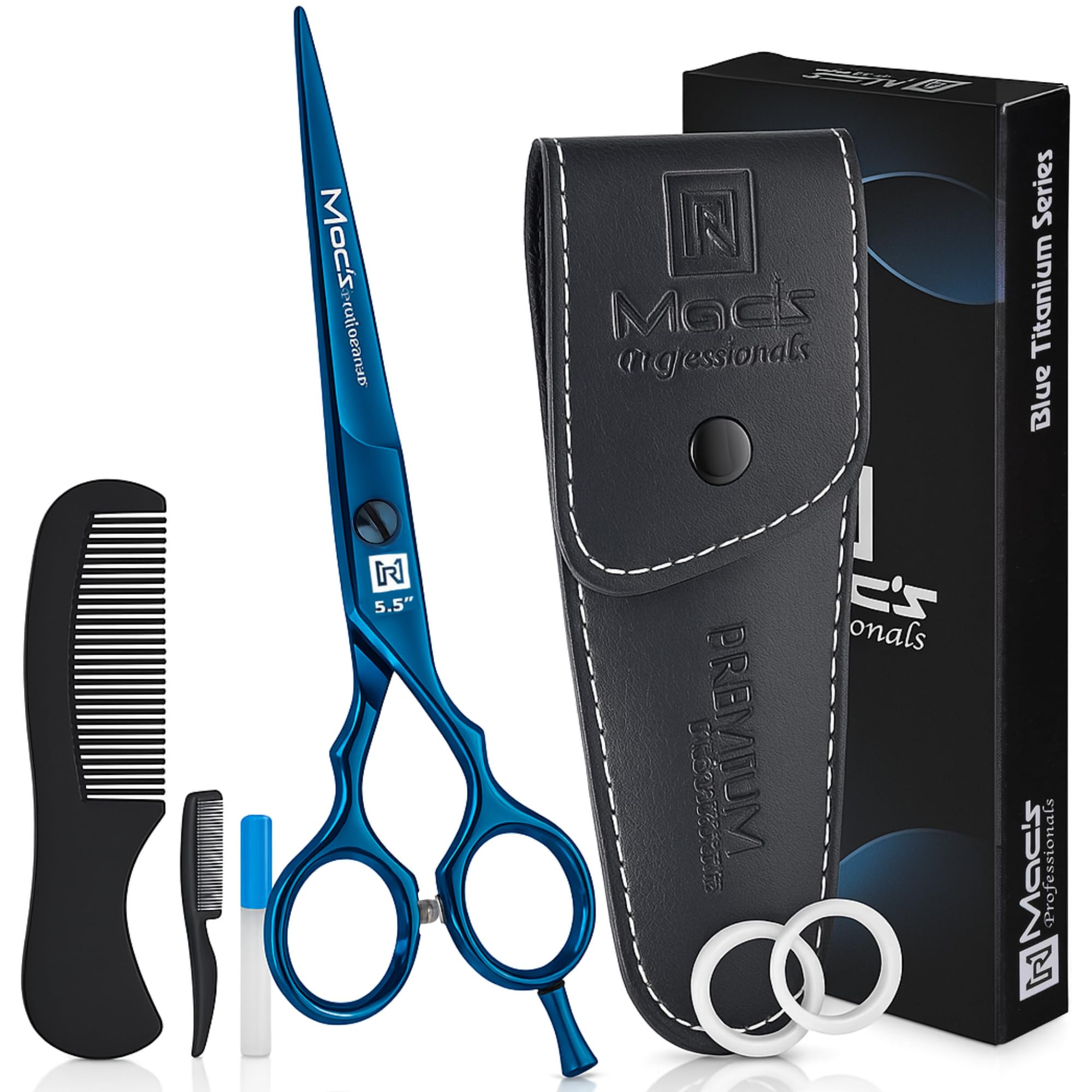 Professional Hair Cutting Scissors - 5.5” Razor Edge Japanese Stainless Steel Barber Scissors - Hair Scissor with 2 Combs, Scissor Oil, Leather Travel