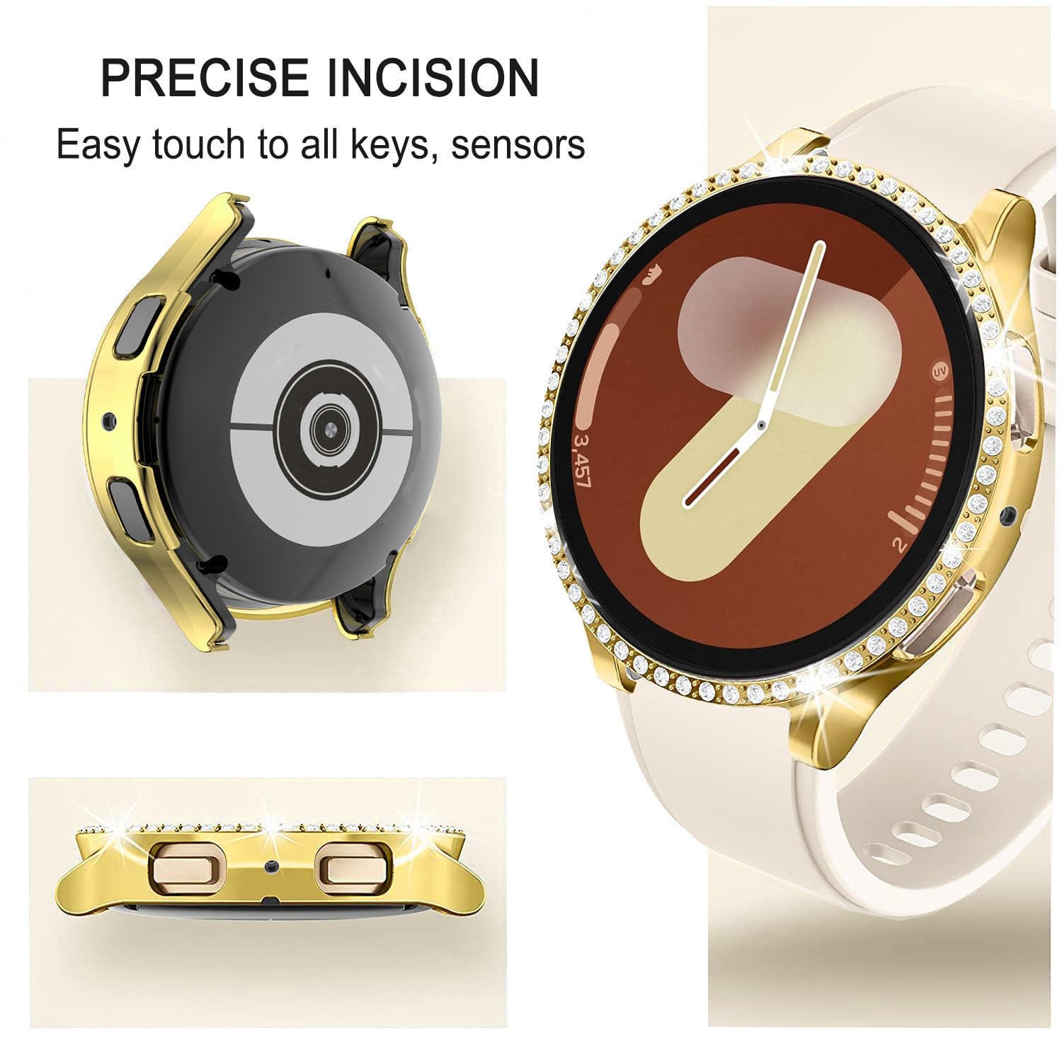 DEALELE [2-PACK] Case Compatible with Samsung Galaxy Watch 5/4 44mm, Bling Single-Row Diamond PC Protective Case Replacement Watch Cover Bumper (44mm, Gold+Transparent) — view 240