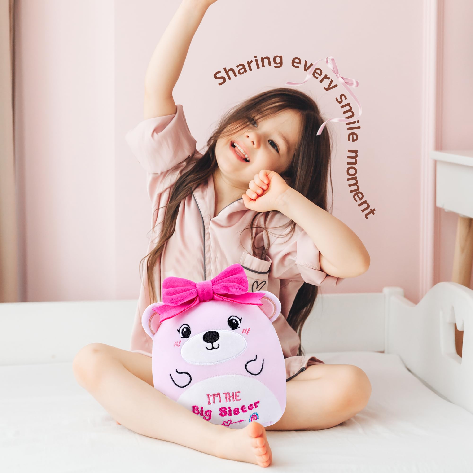 Big Sister Plush Toy: 8-Inch I'm The Big Sister Bear with Pink Bow Stuffed Animal Cute Soft Plushie Pillows Christmas, New Sibling Gifts for Girls Kids