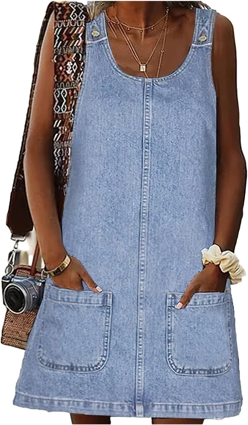 Denim Overall Dress for Women Casual Mini Sleeveless Jean Vintage Jumper Skirt Dress with Pockets