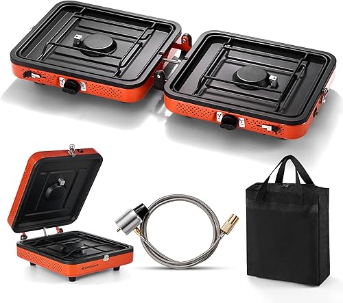 Odoland Estufa de camping portátil de 2 quemadores de propano 17000 BTUh Estufa de gas plegable para viajes de viaje en interiores y exteriores,