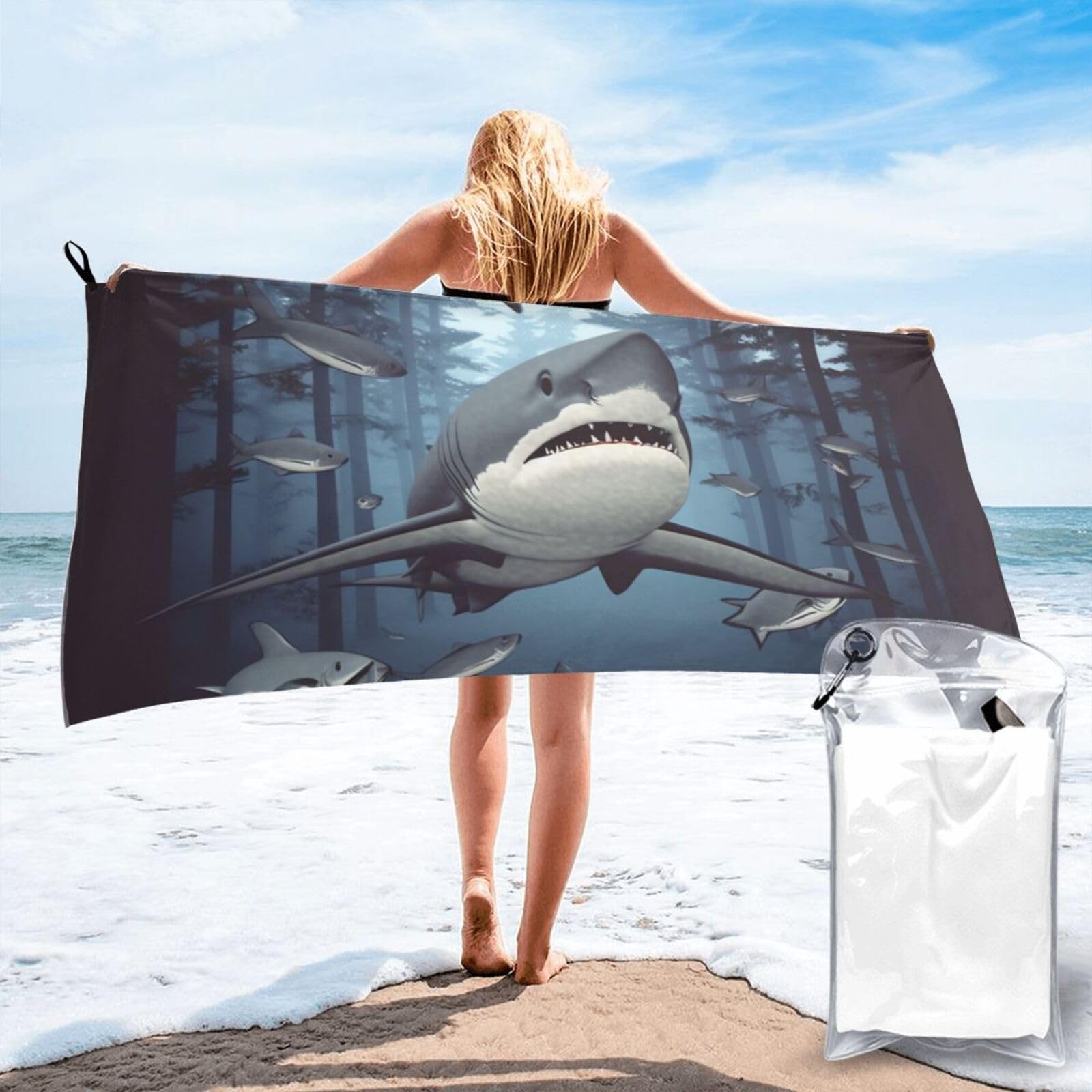 DWVTSLH Microfiber Sand Free Beach Towel 27.5"x55", Quick Dry Absorbent Travel Towel Large Camping Blanket, Funny Sharks Design Bath Towels Lightweight Pool Swim Towels for Vacation Essentials