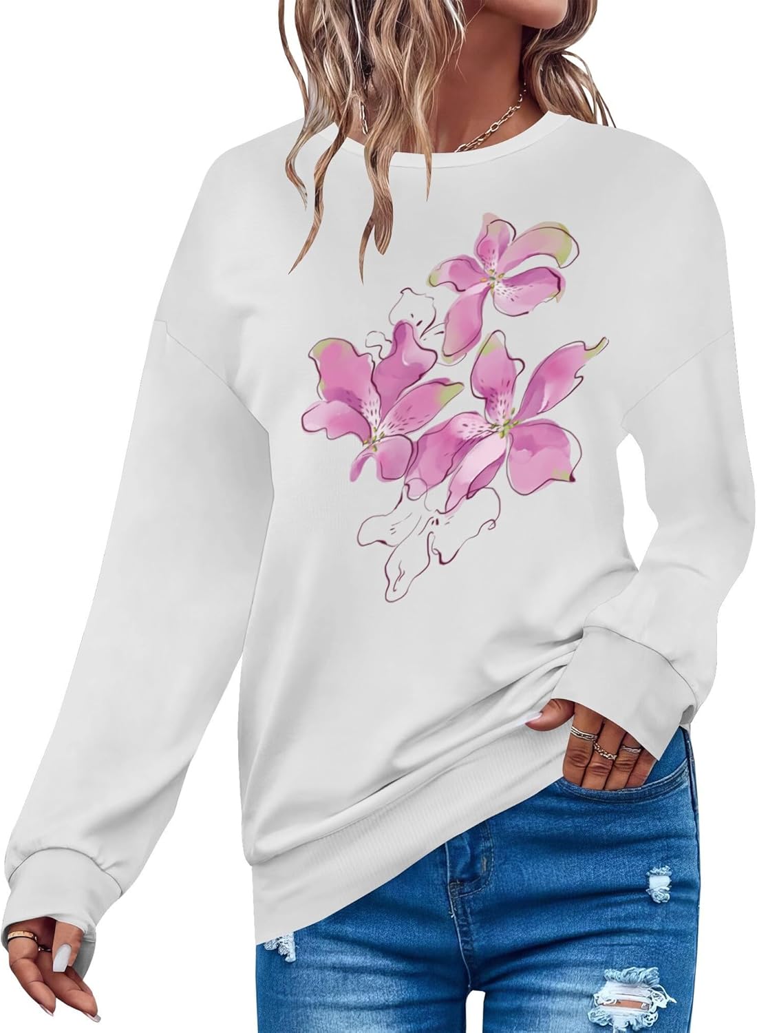 Fashion Sweatshirt Elegant Long Sleeve Crewneck Loose Fit Sweatshirts For Women Ret...