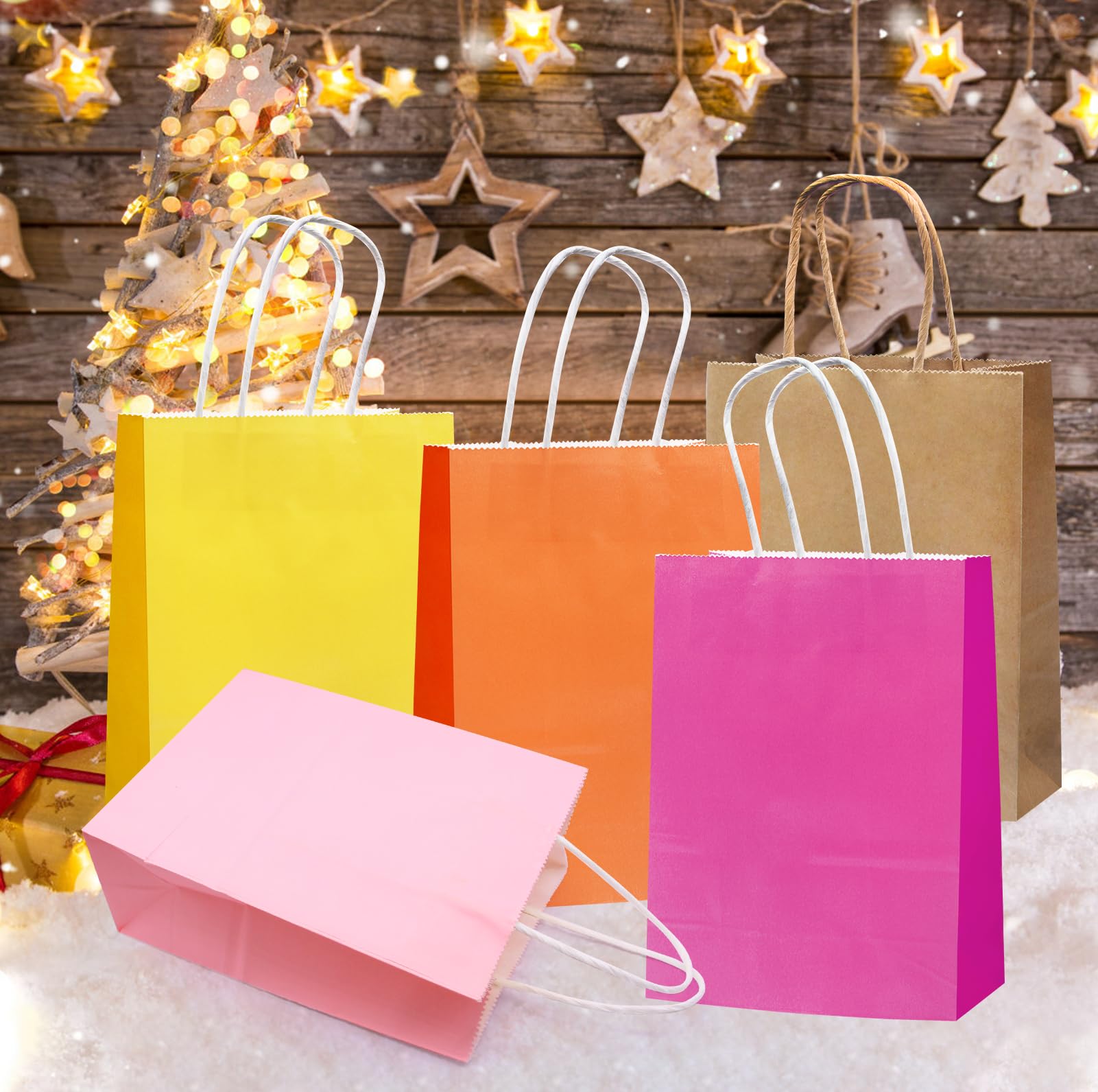 rokrist 15 Bolsas de Papel Kraft Coloridas con Asas, Pequeñas Bolsas de Regalo, para Fiestas Navideñas, Bodas, Cumpleaños, Celebraciones, Dulces, Manualidades (21x15x8cm)
