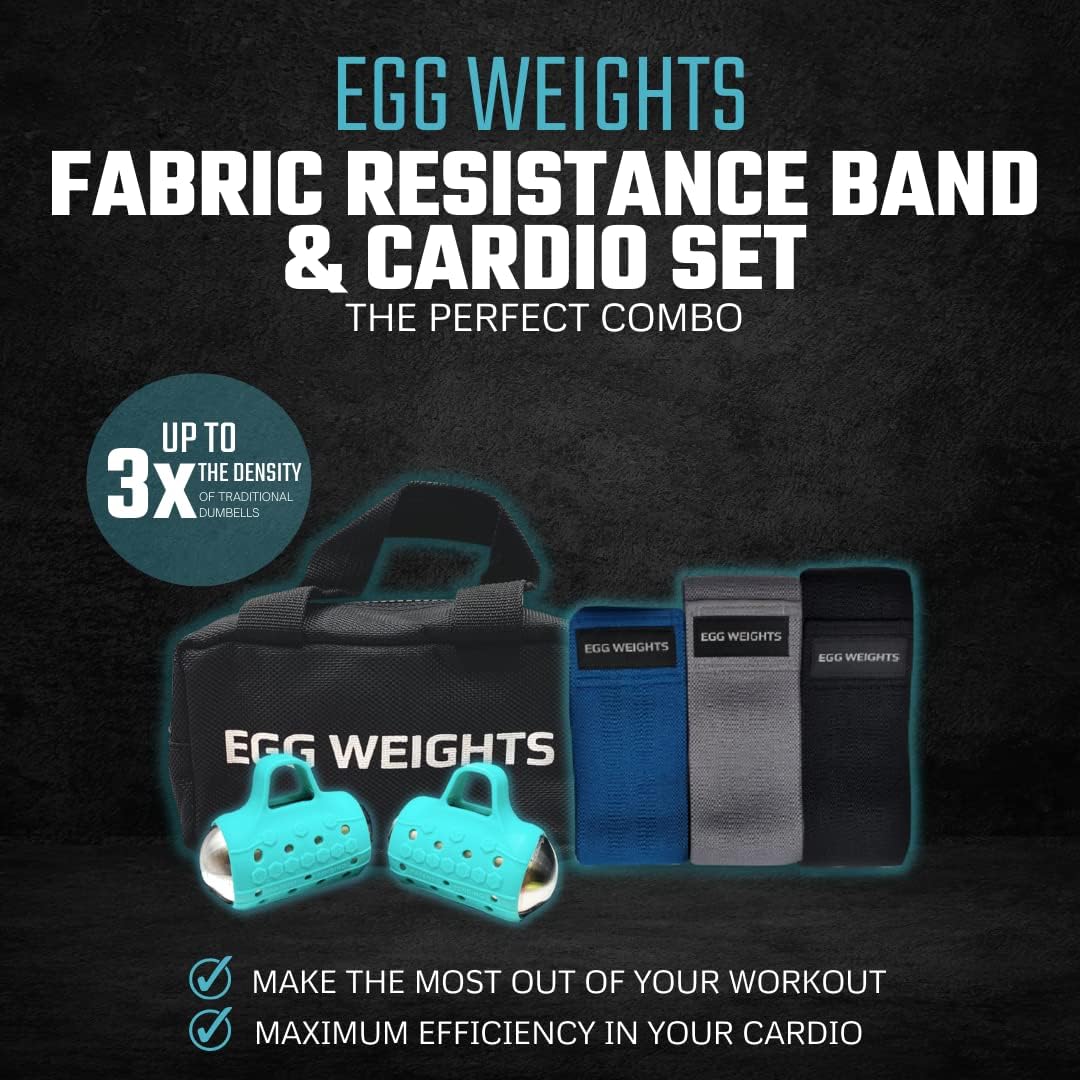 Egg Weights Cardio Max 3.0 lb Hand Dumbbell Set of 2 (1.5 lb Each Egg Weight) + Fabric Resistance Bands Set of 3 for Fitness, Workout, Shadowboxing, Yoga, and More for Men and Women