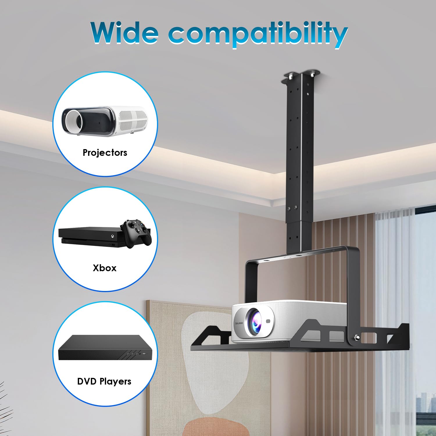 Salange Soporte de Techo para Proyector, Altura Ajustable, Soporte Universal para Proyector para Techo/Pared con guía de Cables integrada, Capacidad de Carga de hasta 10 kg, para Cine en