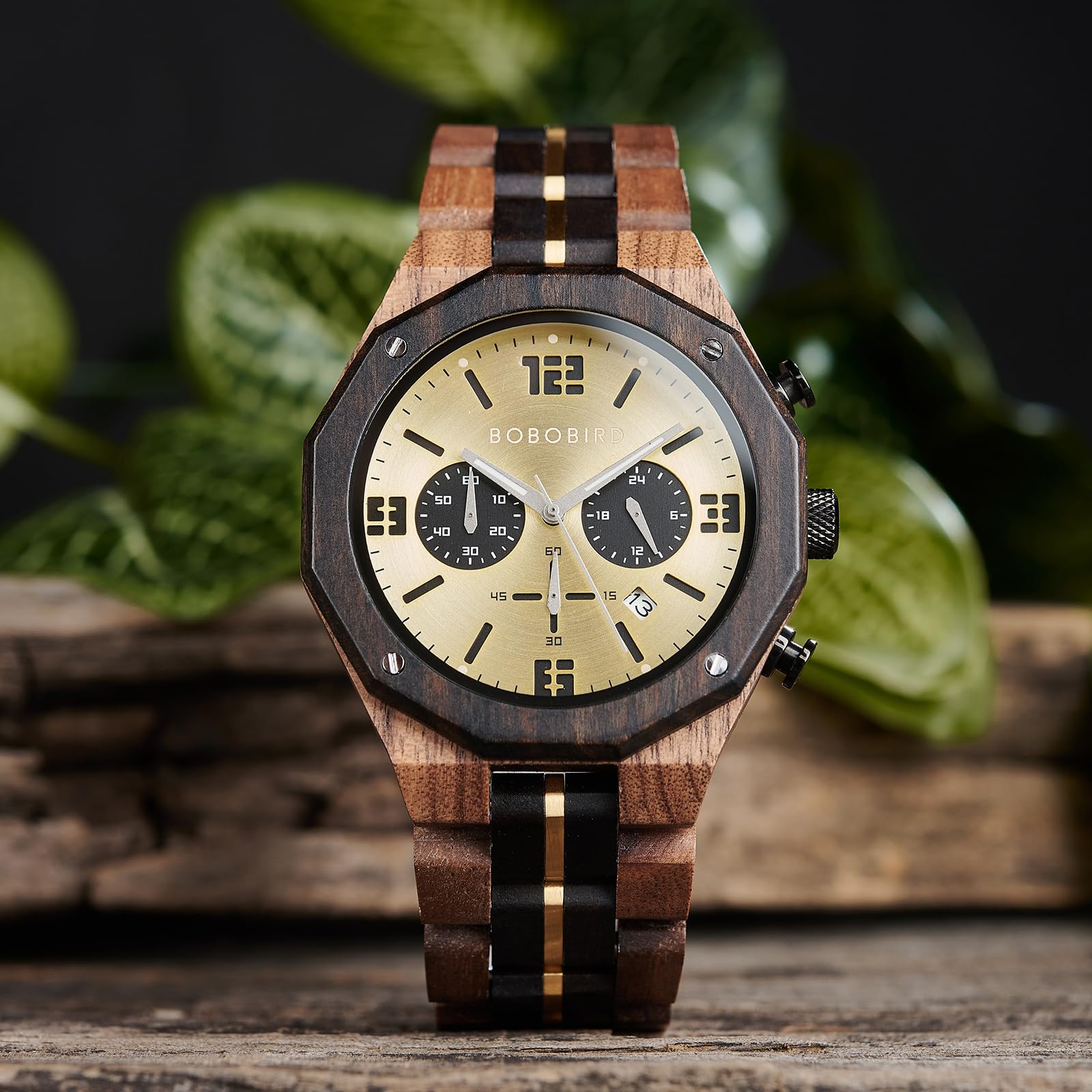 BOBO BIRD Orologio da uomo in legno, sportivo, moderno, casual, cronografo, al quarzo, orologio da polso da uomo, cinturino in acciaio inossidabile con visualizzazione della data (oro), oro, M