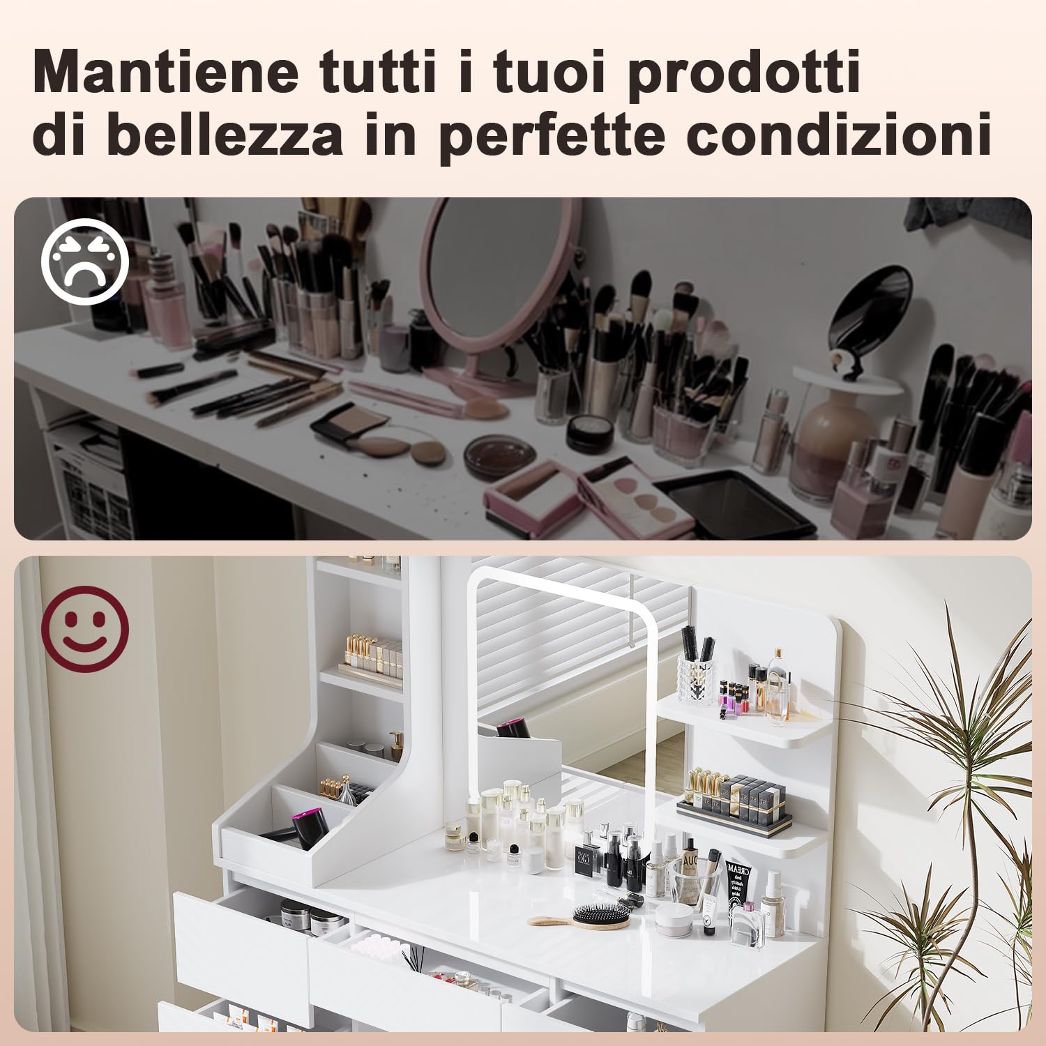 Devoko Toeletta da Trucco con 7 Cassetti, Postazione Trucco con Specchio a LED, Luminosità Regolabile,Tavolo da Toeletta con 4 Ripiani Aperti,per la Camera da Letto, Bianco
