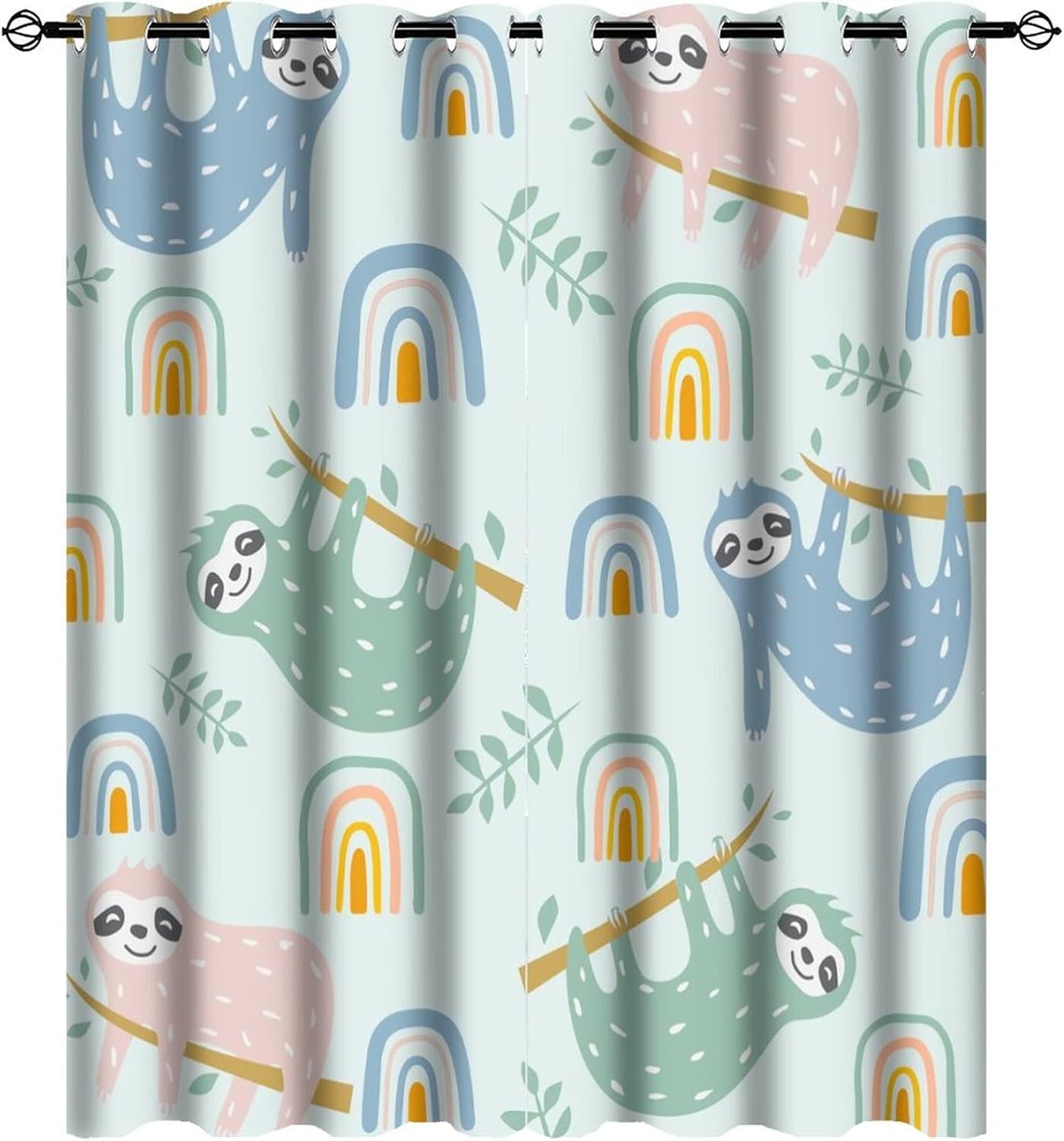 Funny Cute Sloths Ultra Soft Premier Blackout Curtains,Modern Boho Mid Century Colorful Rainbow Baby SlothThermal Insulated Bedroom Noise Reducing Patio Door Grommet Top,2 Panels 45L x 21W