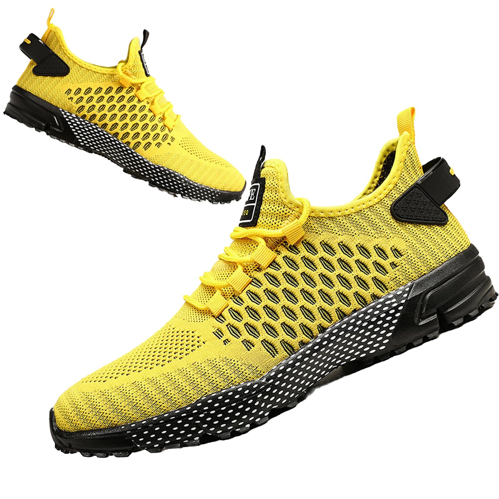 Men's Elastic Knitting Lace Up Sneakers,Fashion Causal Low Top Breathable Slip-On Walking Running Shoes Outdoor Trainer Comfortable Non-Slip Hiking Shoes (Yellow,12.5)