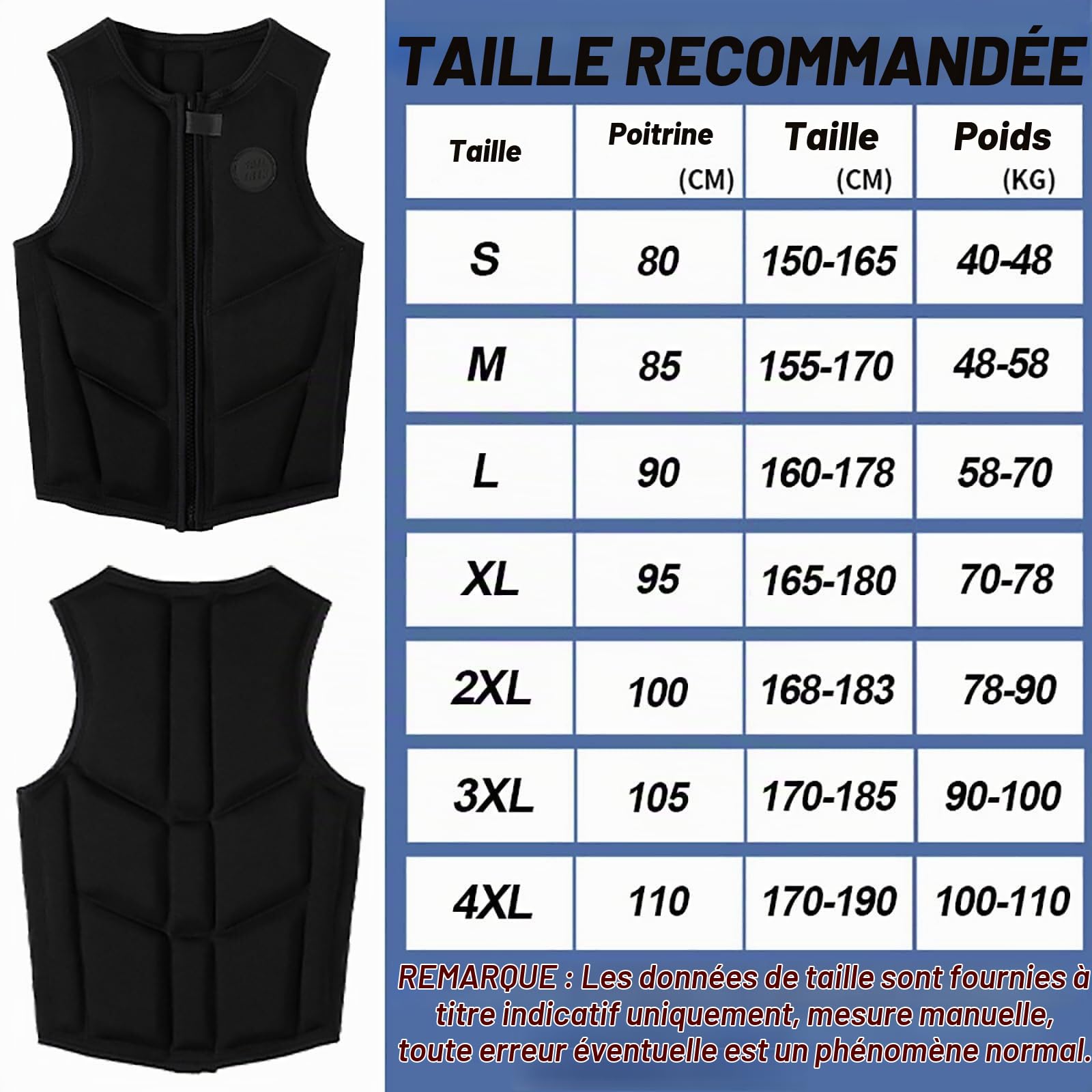 Veste de Sauvetage en Néoprène pour Adultes, Gilet de Flottaison Réglable pour Kayak, Paddle, Pêche, Bateau, Sports Nautiques, Équipement de Natation(Orange,3XL90-100KG)
