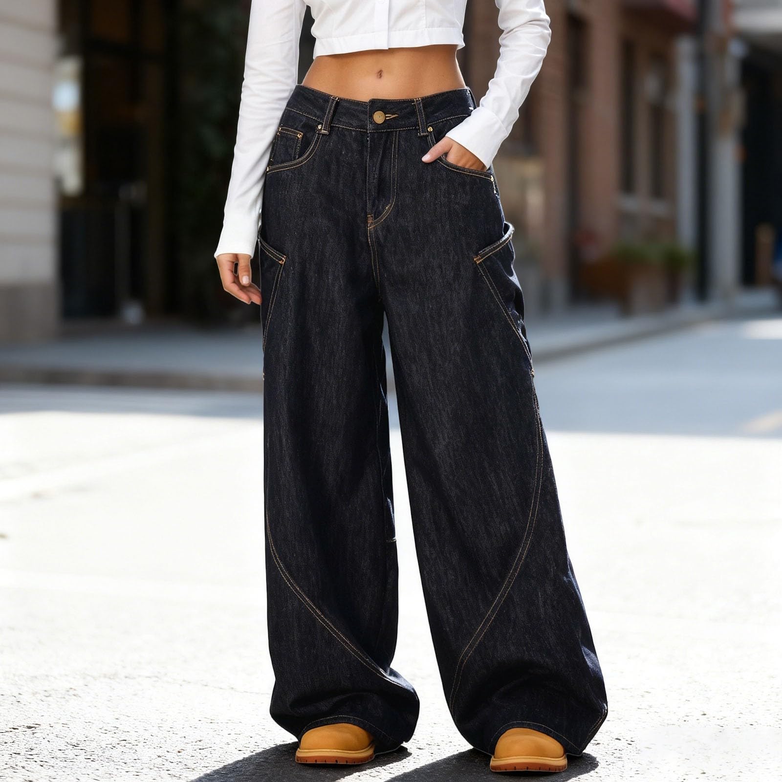 Pantalones de Trabajo Mujer, Pantalon Chandal Mujer, Pantalón Vaqueros Urbanos con Diseño Único de Pierna Acampanada Curva y Corte Holgado hasta el Suelo Joggers Pantalon