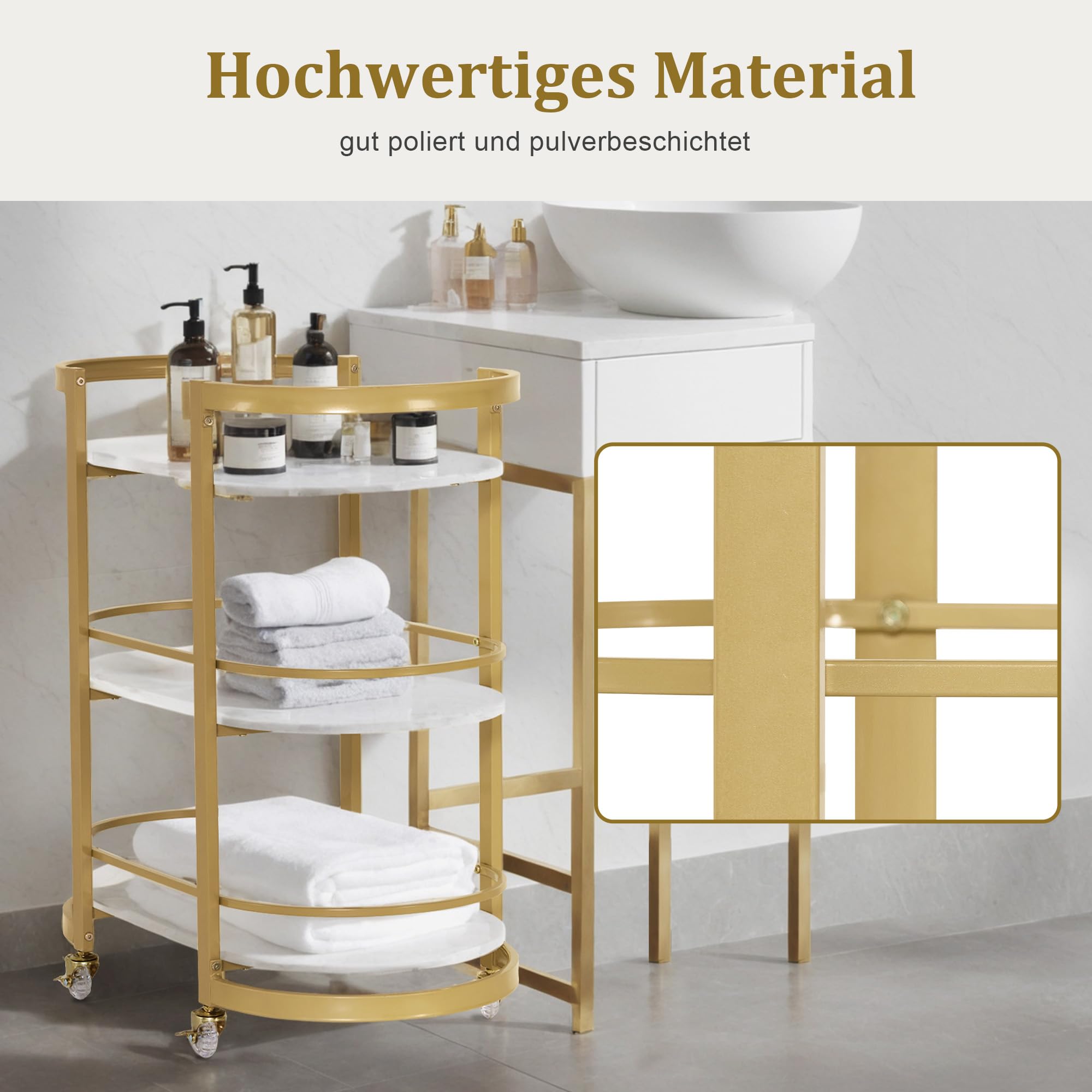 M MCombo Servierwagen mit Rollen, Küchenwagen Barwagen Metallgestell Weiß-Gold, 3 Ebenen, 40x75,5x80