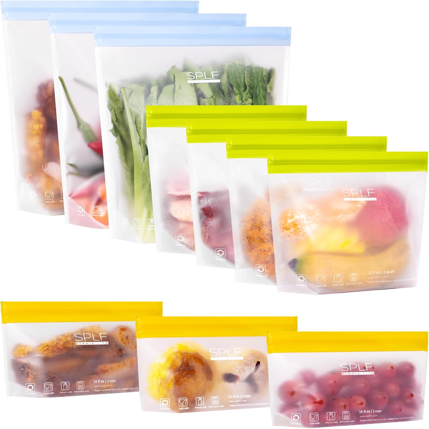 SPLF 10 Pack Reusable Freezer Bags Dishwasher Safe, Extra Thick Leakproof Food Storage Bags, BPA and Silicone Free Stand Up Bags for Meal Prep, Sandwich, Bread, Veggies – 3 Gallon 4 Quart 3 Snack