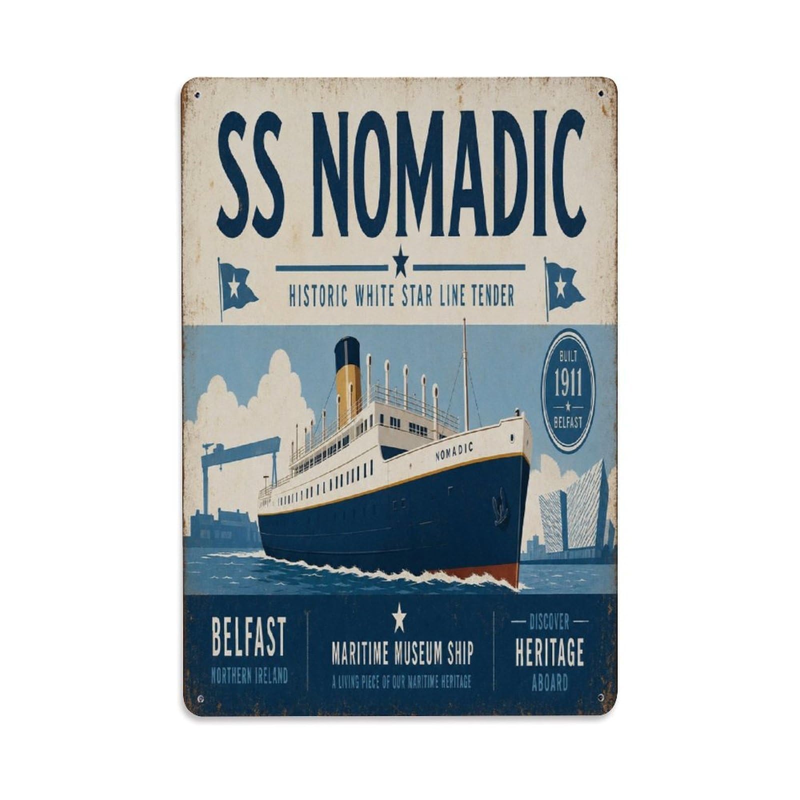 Belfast Historic Tender Ship Maritime Heritage Metal Tin Sign Plaque Wall Decor for Cafe, Man Cave, Club Bar, Office, Home Garden Round Metal Poster 8x12Inch