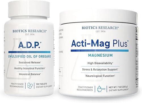Biotics Research A.D.P. Aceite de orégano para limpieza gastrointestinal y apoyo antioxidante + polvo de magnesio Acti-Mag Plus para relajación,
