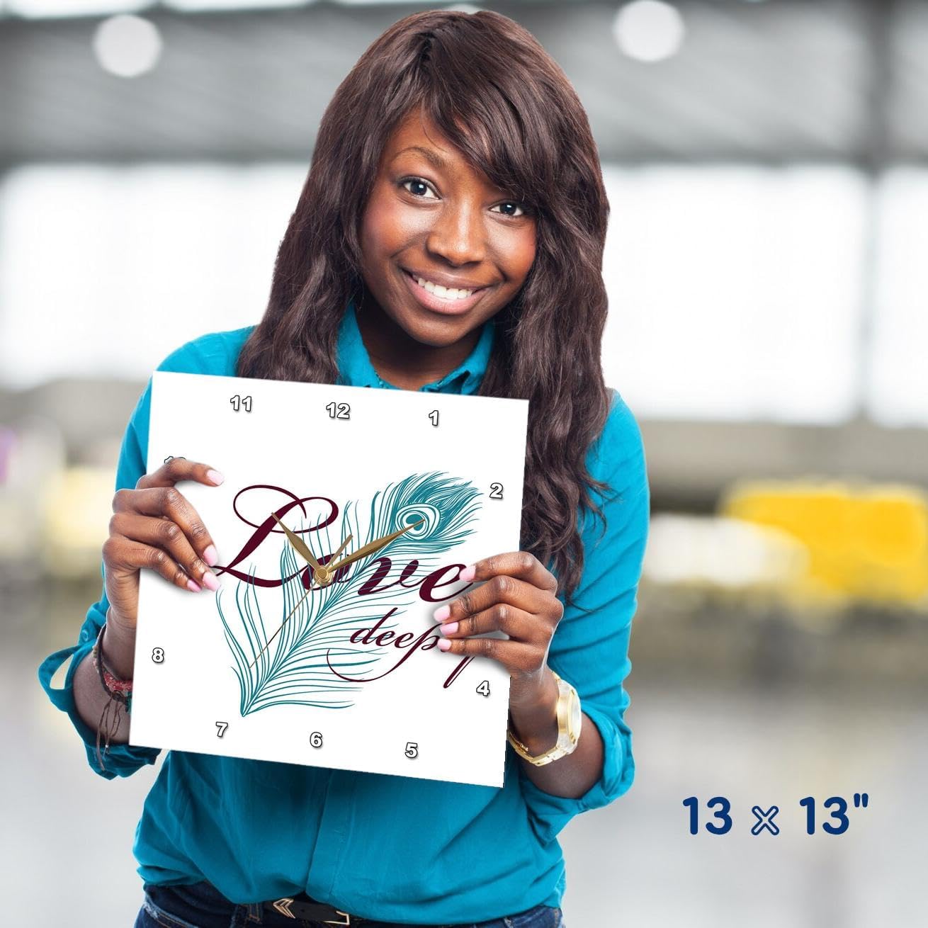 3dRose Love Deeply with Pretty Peacock Feather - Wall Clock, 13 by 13-Inch (DPP_79140_2)