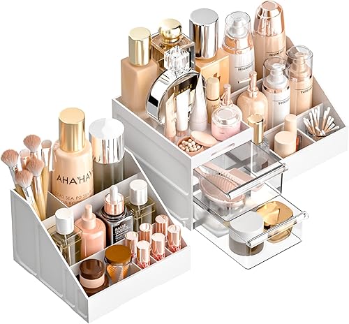 Organizador de maquillaje, gran capacidad con cajones para tocador, cepillo de maquillaje, esmalte de uñas y suministros de belleza,