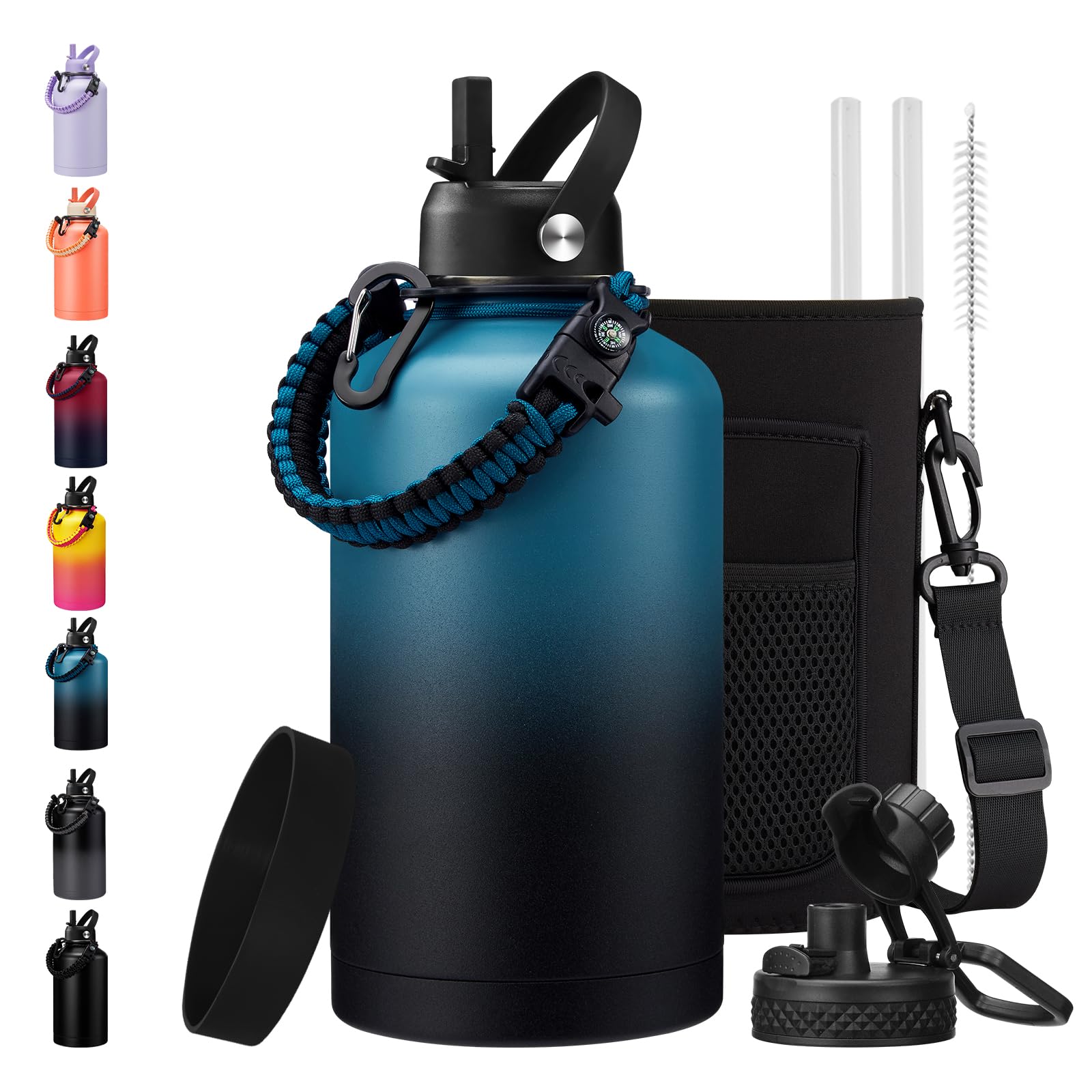 BENZZO 64/128 oz Water Bottles with Straw Auto Spout lid Keep Cold 48h,half gallon Water Jug Insulated with Carrier,Paracord Handle & Boot
