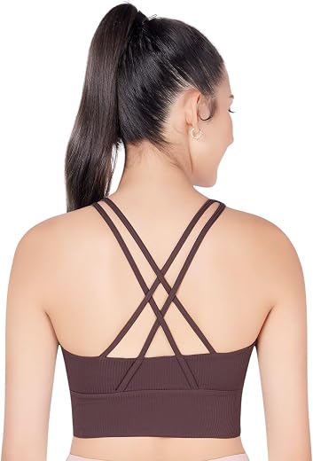 PLUMBURY Women Nylon Ealstane Strappy Cross Back Medium Support Padded Sports Bra for Running| Workout|Yoga|Gym