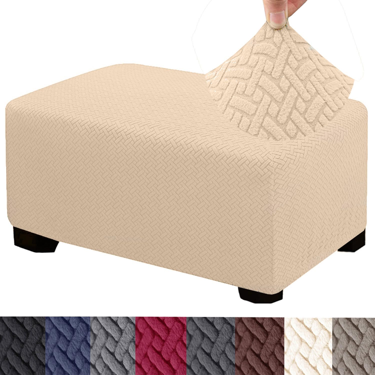 HFCNMY Ottoman Cover Rectangle,Stretch Knitted Jacquard Rectangle Ottoman Cover Thick Slipcover for Ottomans Soft Foot Stool Cover with Elastic Bottom Beige X-Large
