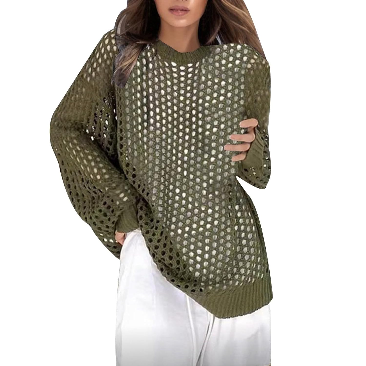 Sweaters for Women Solid Color Crochet Cardigan Off Shoulder Hollow Out Round Neck Knit Comfortable Top