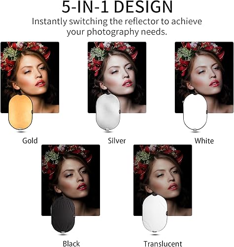 Miniatura 5 de Selens Kit de soporte para reflector de fotografía, reflectores 5 en 1 de 24 x 36 pulgadas con soportes de luz de 78 pulgadas y clips de brazo