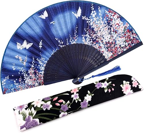 Miniatura 17 de Amajiji - Abanico plegable de seda y bambú, 8.27 pulgadas (21 cm), estilo retro, vintage, elegante y encantador, chino/japonés, regalo para mujeres