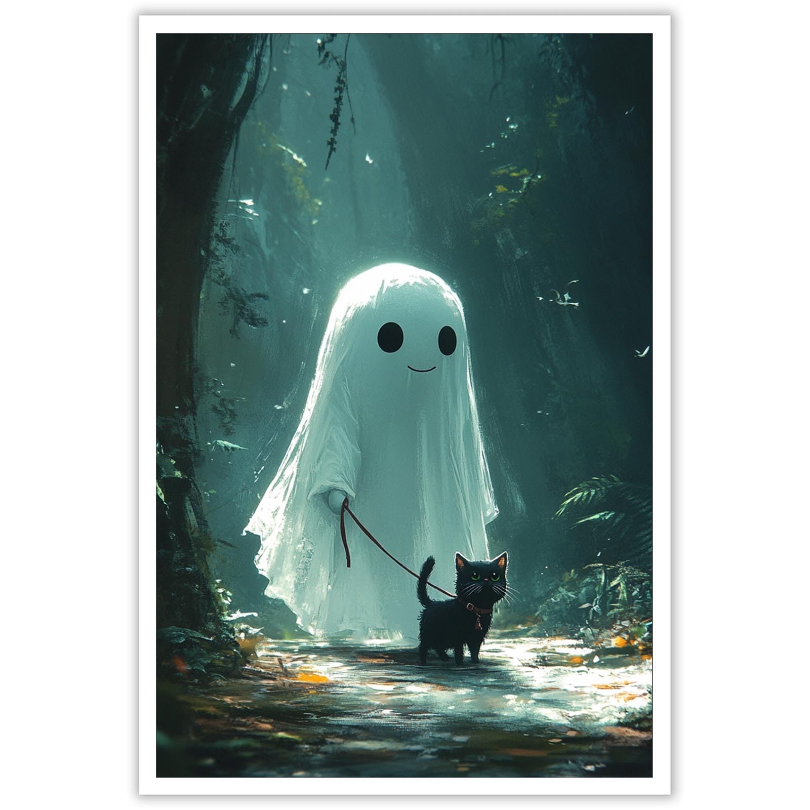 Generic Walking Cat Ghost Oil Painting Style Fantasy Vintage Cute White Ghost Cartoon Canvas Art Print 12x16in Unframed