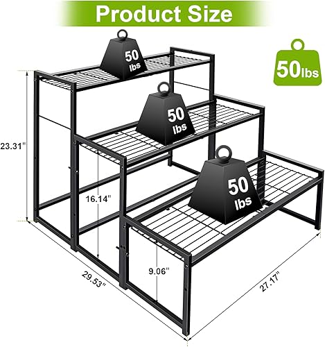 Miniatura 9 de Soporte de metal para plantas de 3 niveles para interiores y exteriores, soporte para macetas de flores, soporte para plantas, apilable, resistente,