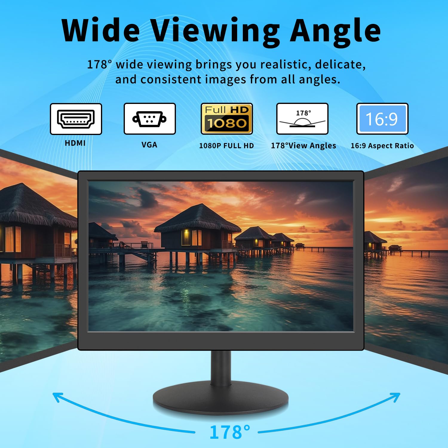 KCR Monitor led 15 Pulgadas, Monitor FHD1920 * 1080, con entradas HDMI y VGA, Altavoces incorporados, Tiempo de Respuesta de 5 ms, Montaje VESA