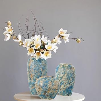Rustic Ceramic Flower Vase, Tall 11.8in Large Vintage Blue Vases, Handmade Distressed Farmhouse Vase, Chinoiserie Ceramic Vase for Living Room Floor, Bedroom, Bookshelf, Dining Room, Home Decor