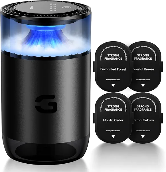 Geinself Smart Car Air Freshener Diffuser, Waterless Essential Oil Diffuser with 4 Modes, 4 Scent Refills, Auto On/Off, USB - C Rechargeable Wireless, Ambient Light for Home/Car Use (5502-Black)
