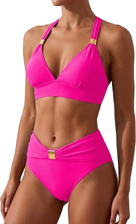 swimall Womens High Waist Triangle Bikini Set Ruched Swimsuit Gold Metal Two Piece Crisscross Back Bathing Suit