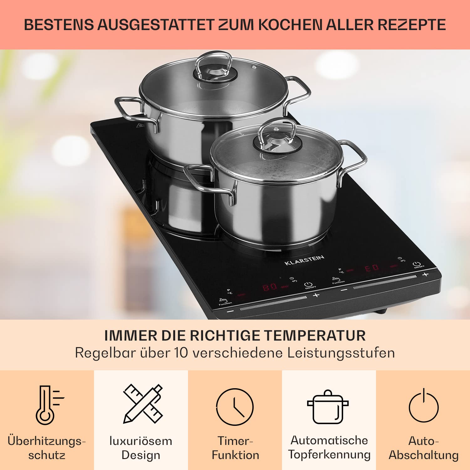 Klarstein Induktionskochfeld, Elektrisch, Moderne Kochplatte, für Camping, 2 Platten, 2er Induktionskochplatte Mobil, 2900 W