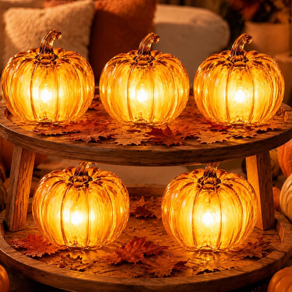 Set di 5 zucche a LED, decorazioni per Halloween a batteria, zucche illuminano, decorazione da tavolo per il Ringraziamento autunnale, per interni, casa, camera da letto, ufficio, scrivania