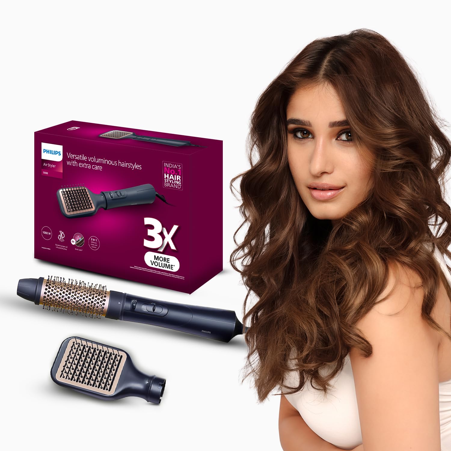 Philips 2-in-1 Airstyler | 3X Volume & 50% Less Hair Breakage | Volumizer + Blow Dryer Brush | 2 attachments for Straight and Wavy Looks | Argan Oil I...