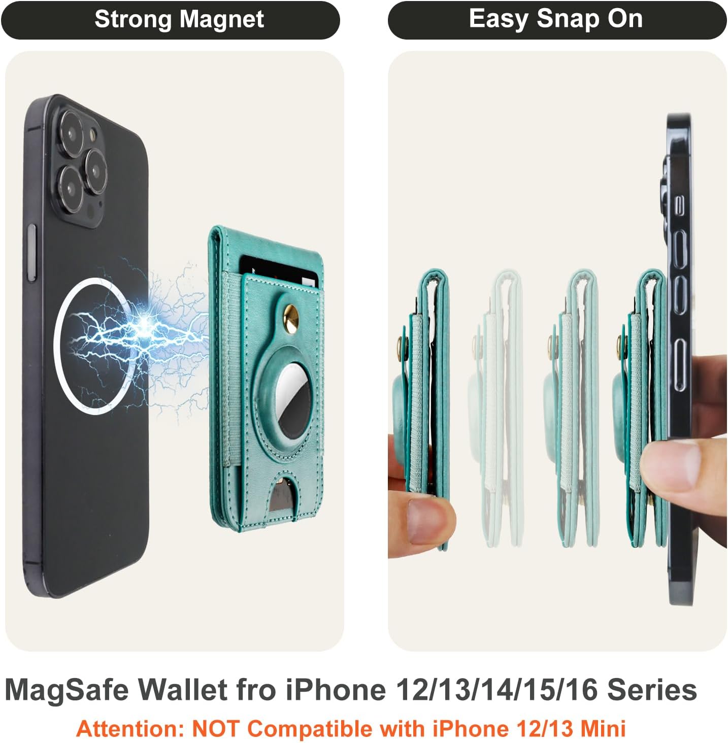 Bocasal for MagSafe Wallet Magnetic Card Holder for iPhone 17/16/15/14/13/12 Pro Max/Pro/Plus/Air, Adjustable Stand, Mag Safe, Leather Holder for Airtag, RFID Blocking, 5 Card Slots (Mint Green)